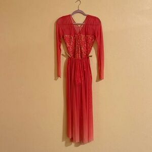 Coral sequence and sheer dance costume with sheer skirt